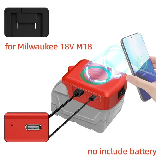 Wireless Phone Charger For Milwaukee 18V Li-ion Battery Phone Charger with USB Port and TYPE C Port Portable Outdoor Power Bank