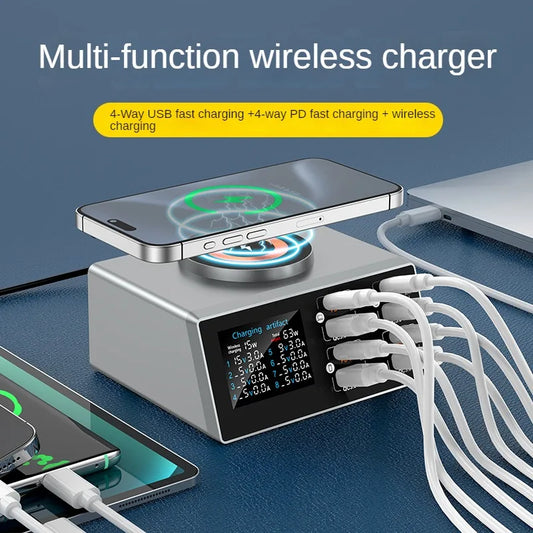 140W Multi-Port Charger with Digital Display, PD+QC, and Desktop Magnetic Wireless Charging for Phones and Laptops