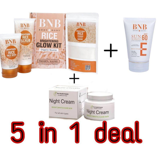 5-in-1 Skincare Bundle for Women - Night Cream, Sunblock, Scrub, Wash & Mask Pack of 5