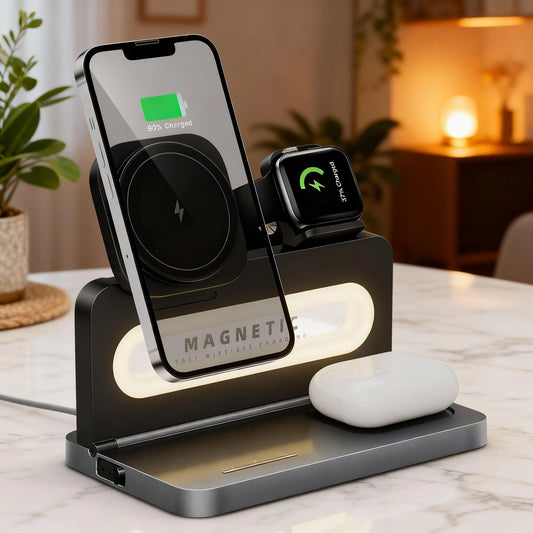 Wireless Charger with Desk Lamp, 3-in-1 Magnetic Fast Charging Base Compatible with Magsafe iPhone 17/16, iWatch, and AirPods