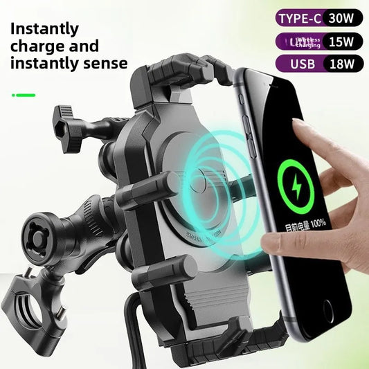 Wireless Charging Motorcycle Mobile Phone Holder Wireless Charger & QC3.0 USB Charger GPS Navigation Handlebar Mount Bracket