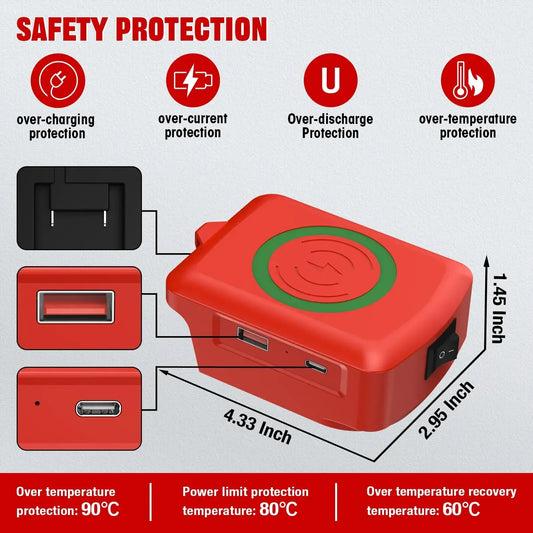 Wireless Phone Charger for Milwaukee 18V Battery,Battery Adapter with USB and Type-C Output, for Camping Travel,Outdoor Working