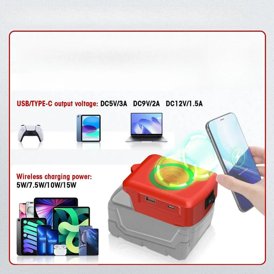 Wireless Phone Charger For Milwaukee 18V Li-ion Battery Phone Charger with USB Port and TYPE C Port Portable Outdoor Power Bank